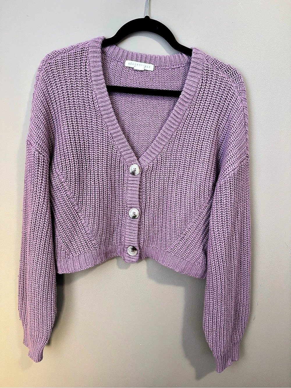 AEROPOSTALE Women's Lavender Chunky Knit Cropped Button Cardigan LARGE L